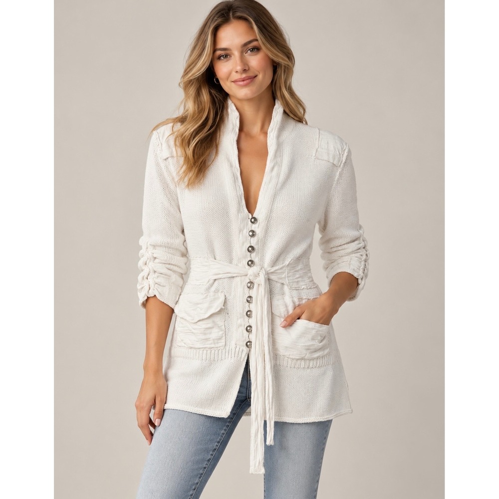 Pure Handknit White Knit Cardigan Sweater M/L Belted Button Front Boho